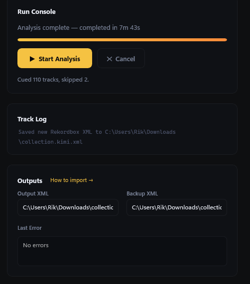 KimiCue analysis finished - ready to import XML to Rekordbox